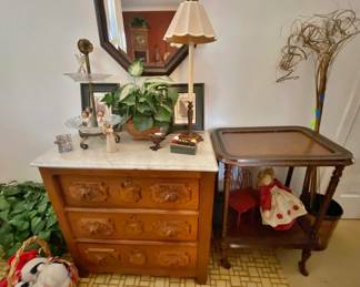 Antique small walnut marble top dresser with mustache handles