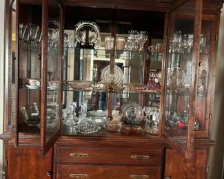 Showcase not for sale -Items in showcase is mostly pink glass- pink crystal, pink depression, ect.