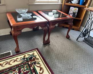 2 matching glass insert end tables