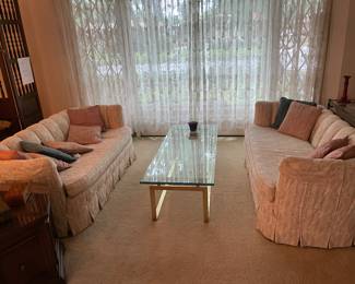 Petite custom sofa's and glass coffee table