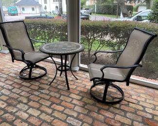 $240 Slate bistro table 30"D with 2 chairs 
