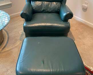 $200 Thomasville green leather style club chair with 
ottoman
