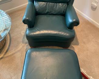 $200 Thomasville green leather style club chair with 
ottoman
