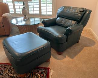 $200 Thomasville green leather style club chair with 
ottoman