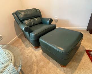 $200 Thomasville green leather style club chair with 
ottoman