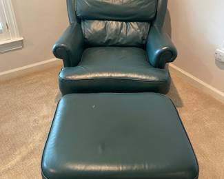 $200 Thomasville green leather style club chair with 
ottoman