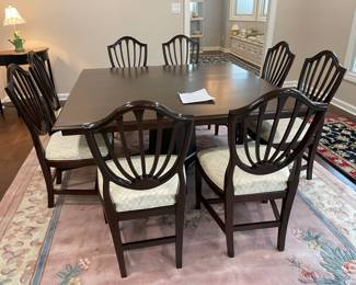 $800 Saloom New England Square table 60"square 
$495 Set of 6 chairs + 2 arms  mahogany Hepplewhite style 
