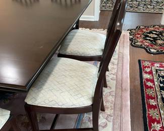 $800 Saloom New England Square table 60"square 
$495 Set of 6 chairs + 2 arms  mahogany Hepplewhite style 