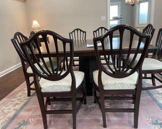 $800 Saloom New England Square table 60"square 
$495 Set of 6 chairs + 2 arms  mahogany Hepplewhite style