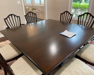 $800 Saloom New England Square table 60"square 
$495 Set of 6 chairs + 2 arms  mahogany Hepplewhite style 