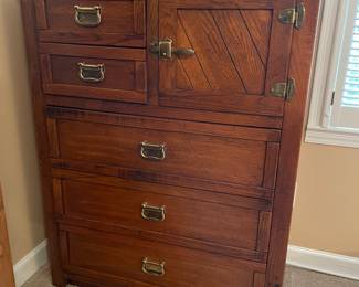 $275 Wood 5 drawers tall chest with one cabinet 
36 1/2x 48Tx18
Buy ALL 5 pieces for $995
Young Hinkle solid knotty pine rustic Americana