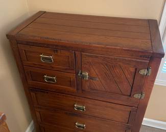 $275 Wood 5 drawers tall chest with one cabinet 
36 1/2x 48Tx18
Buy ALL 5 pieces for $995
Young Hinkle solid knotty pine rustic Americana