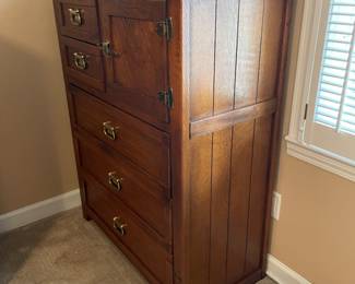 $275 Wood 5 drawers tall chest with one cabinet 
36 1/2x 48Tx18
Buy ALL 5 pieces for $995
Young Hinkle solid knotty pine rustic Americana