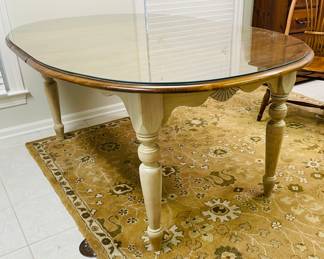 $295 Dining table 44Wx70L wood top & cream legs