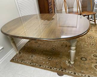 $295 Dining table 44Wx70L wood top & cream legs