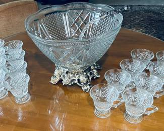 $120 Punch bowl on metal stand with cups 
