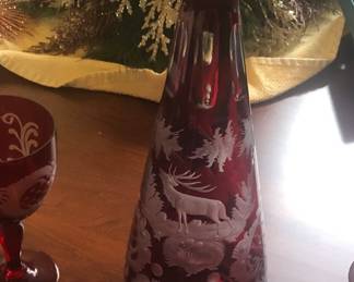 Bohemian glass ruby cut to clear Decanter and glasses