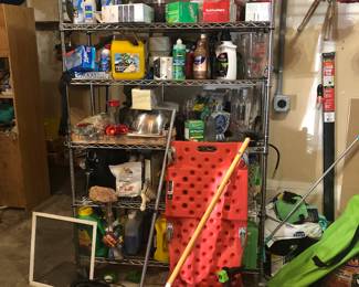 Garage items, metal shelving racks