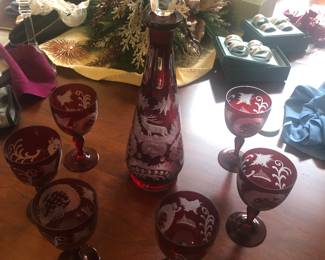 Cut to clear Ruby glass wine set, bohemian glass
