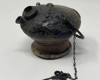 Antique Stoneware & Ornate Metal Opium Water Pipe - 2 x 3”