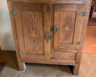 Antique Oak Ice Box Refrigerator - Original Ornate Hardware
