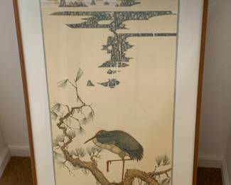 S/N 'Crane on a Pine Limb" Lithograph 75/300 - MCM Teak Frame