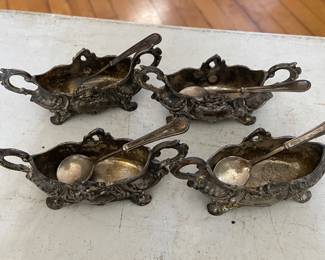 Silver plate salt cellars 
Tiny spoons