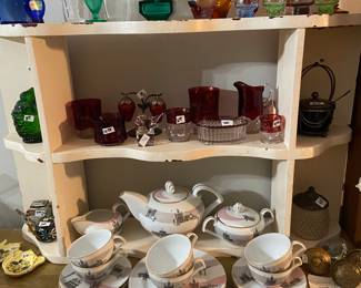 Vintage red souvenir glassware 
Perfume bottles
Vintage tea set