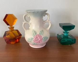 Hull pottery vase, crystal perfume bottles 