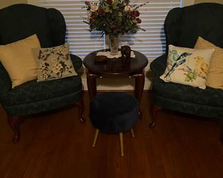 Two wingback chairs 
Round Velvet stool mid century 
Queen Anne end table 