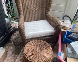 Wicker chair and round bench.