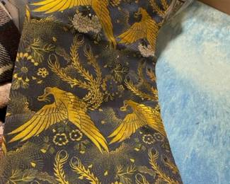 Vintage Japanese black maru obi with golden yellow tsuru bird pattern table runner (160 inches).