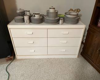 6 drawer dresser and vintage stoneware
