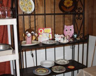 bakers rack- five wooden shelves, metal frame, 44" wide x 18" deep x 76 tall