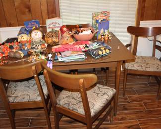 dining table 60" x 40" as shown, plus one 12" leaf; six chairs, paisley fabric seats