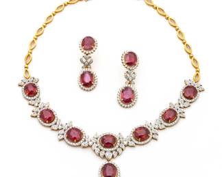 Ruby, Diamond & 22kt Yellow Gold Necklace And Matching Earrings, L 18" 95g 3 pcs