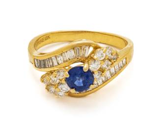 Round Cut Blue Sapphire, Diamond & 18kt Yellow Gold Ring, 6g Size: 7.5