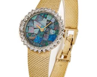 Longines (Swiss) 14kt Yellow Gold, Opal & Diamond Ladies Wristwatch, Ca. 1980, L 6.25" 30g