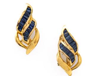 14K Yellow Gold And Blue Sapphire Earrings, Ca. 2000, 6.3g 1 Pair