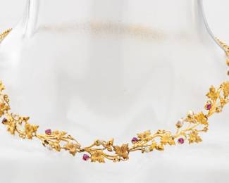 14K Yellow Gold Leaf Design with Rubies & Seed Pearls Necklace, Ca. 1940, L 15" 24.8g