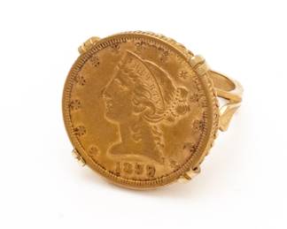 1899 USA Liberty Head Gold Coin Mounted As Ring, 14.3g Size: 6