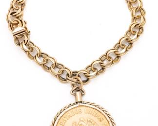 1959 Mexican Veinte Pesos Gold Coin Charm, 14kt Gold Bracelet, L 8" 33g