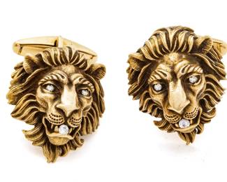14K Gold Lion Head And Diamond Accents Cufflinks 21.7g
