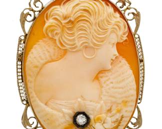 Art Nouveau 14k White Gold, Carved Cameo Pendant Brooch, Diamond Accent Ca. 1900, H 2"
