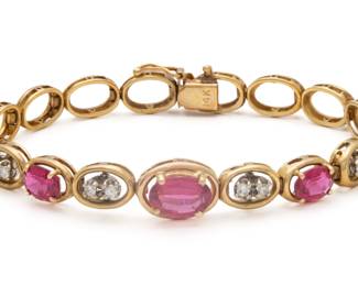 Pink Tourmaline And Diamond Bracelet, 14K Yellow Gold, L 7" 16.3g