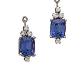Diamond And Tanzanite Cushion Cut Earrings, 5.46 Cts Total Weight 4g