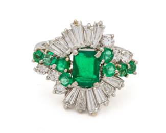 Emerald And Diamond Cluster Ring, Platinum, Ca. 1960, 8g Size: 4