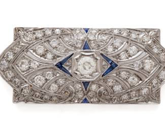 Art Deco Diamond And Sapphire Brooch, Ca. 1930, W 2" 11g