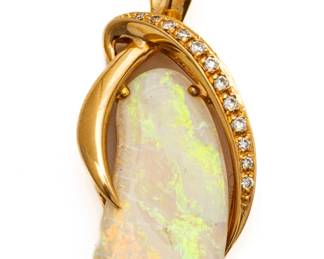 Opal, Diamond And 14K Yellow Gold Pendant, H 1.7" 7.4g