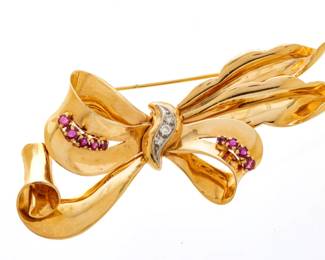 14K Yellow Gold, Ruby And Diamond Bowknot Brooch, Ca. 1940, L 3.2" 18.9g